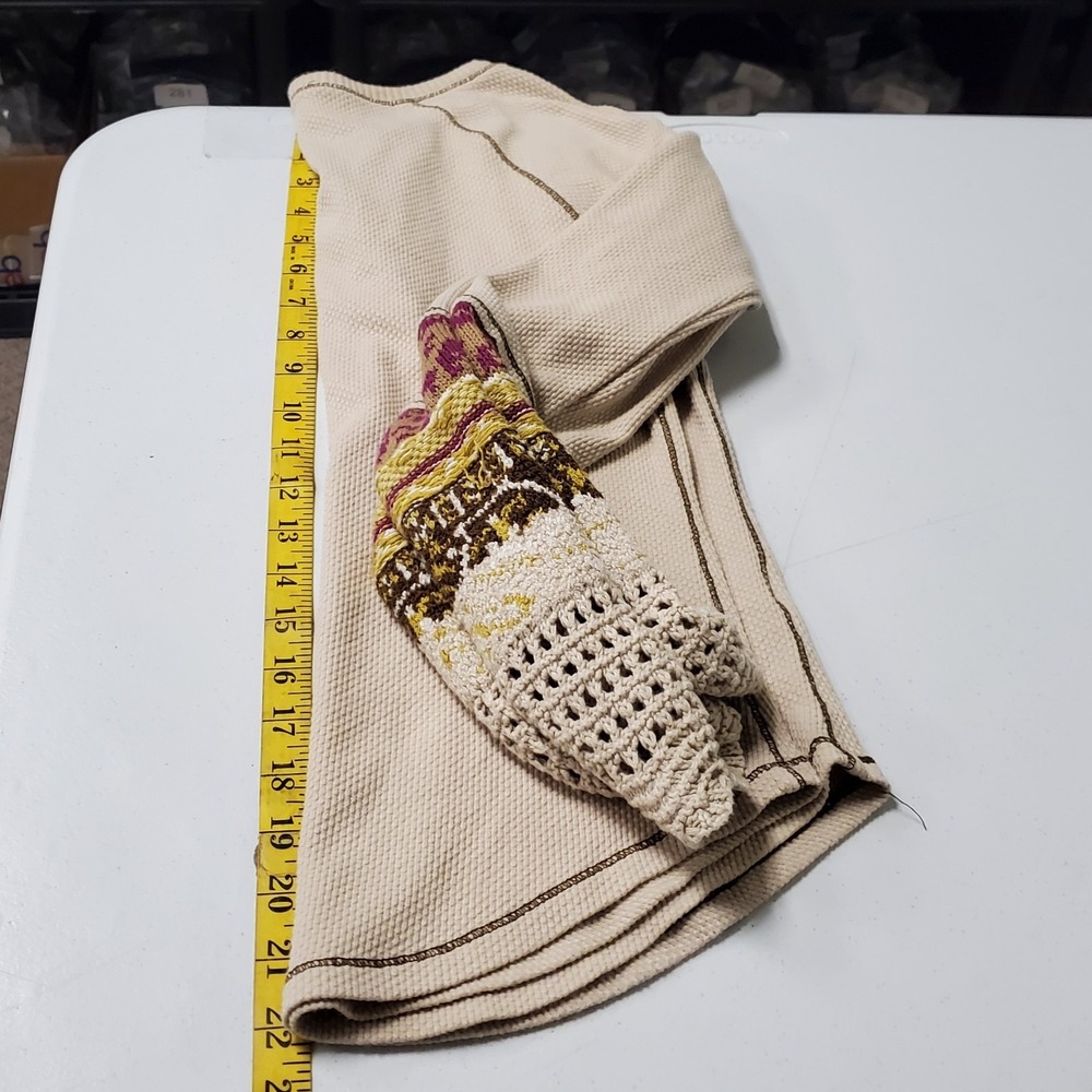 Chelsea & Theodore Boho Thermal Shirt Size XS Contrast Cuff Granola Hippie Tan - Picture 9 of 11